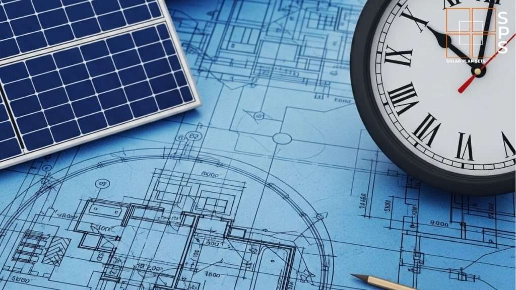 a clock, a pencil, and a solar panel on top of a solar blueprint