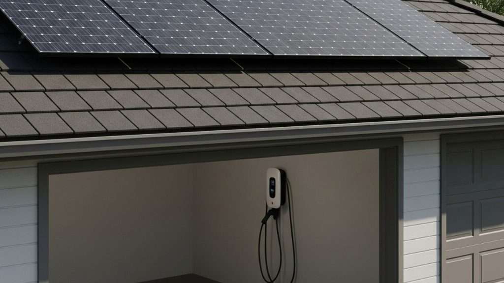 a garage with solar panels on the roof an ev charge inside