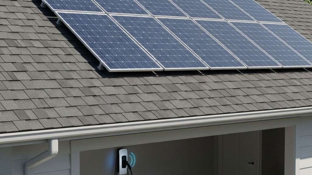 solar panels on the roof of a house and an ev charger in the garage